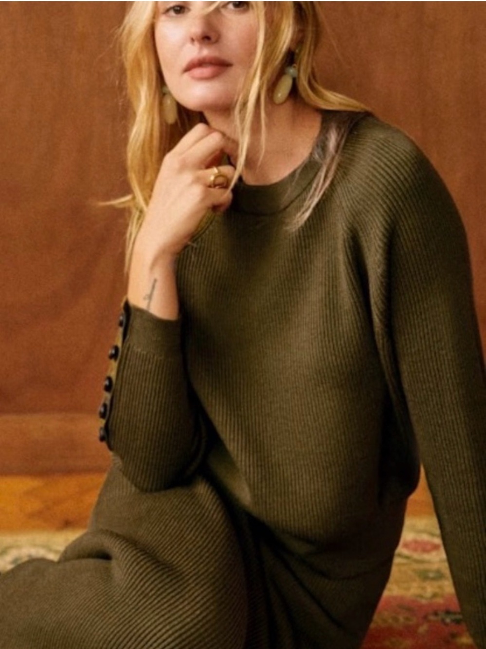 Sézane Sami Khaki Ribbed Crewneck Sweater NWT S